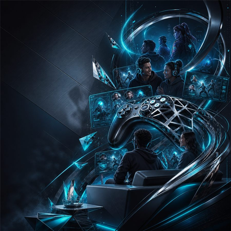 Futuristic social gaming lounge visual for GameryMetal.com